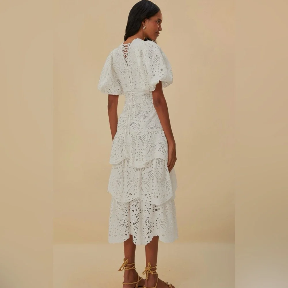 NEW FARM RIO White Cotton Eyelet Puff Sleeve Midi Dress Small - Picture 3 of 6